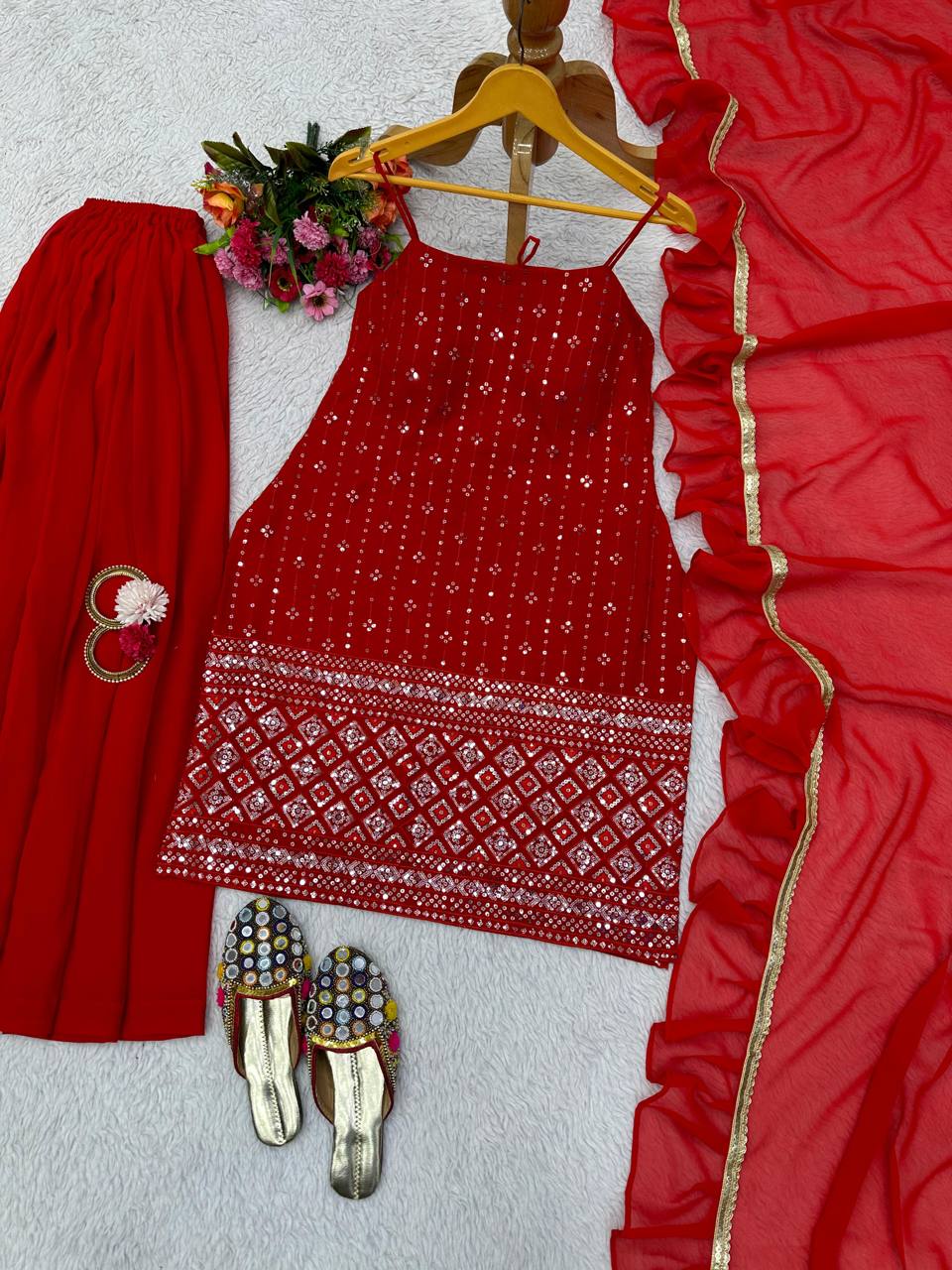 Party Wear Red Color Sequence Thread Work Georgette Salwar Suit