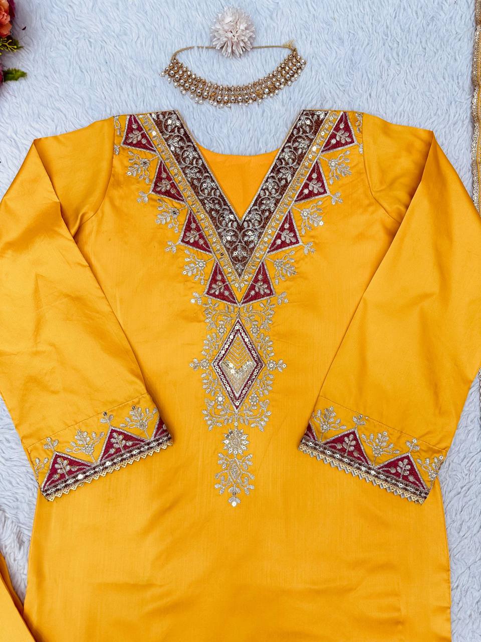 Wedding Wear Mustard Color Ready Made Sequence Work Taffeta Silk Salwar Suit