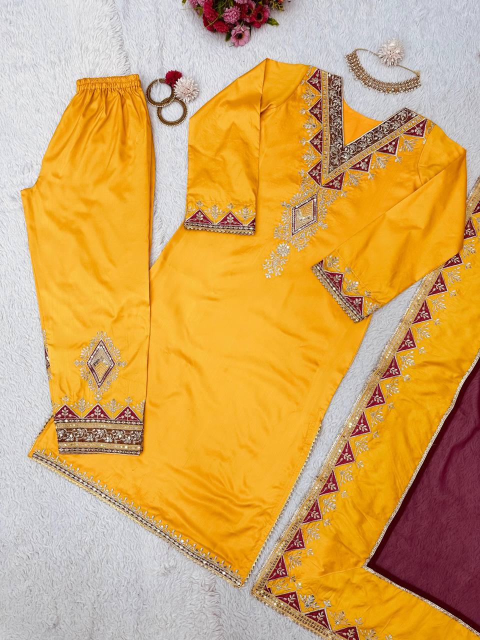 Wedding Wear Mustard Color Ready Made Sequence Work Taffeta Silk Salwar Suit