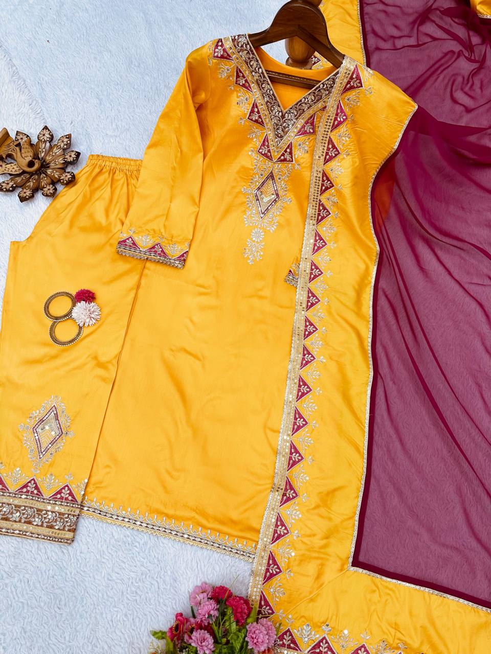 Wedding Wear Mustard Color Ready Made Sequence Work Taffeta Silk Salwar Suit