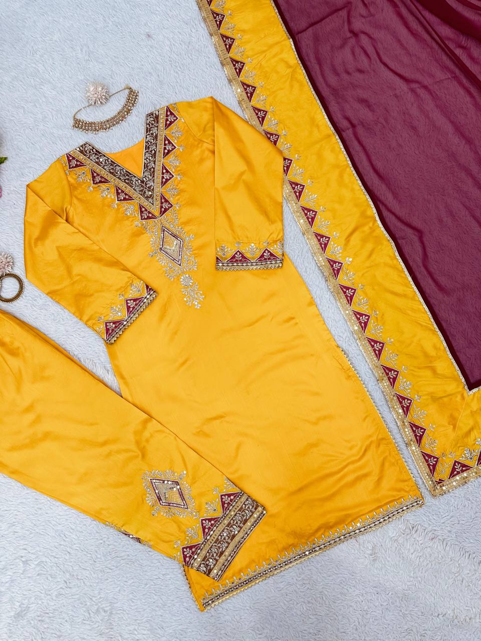 Wedding Wear Mustard Color Ready Made Sequence Work Taffeta Silk Salwar Suit