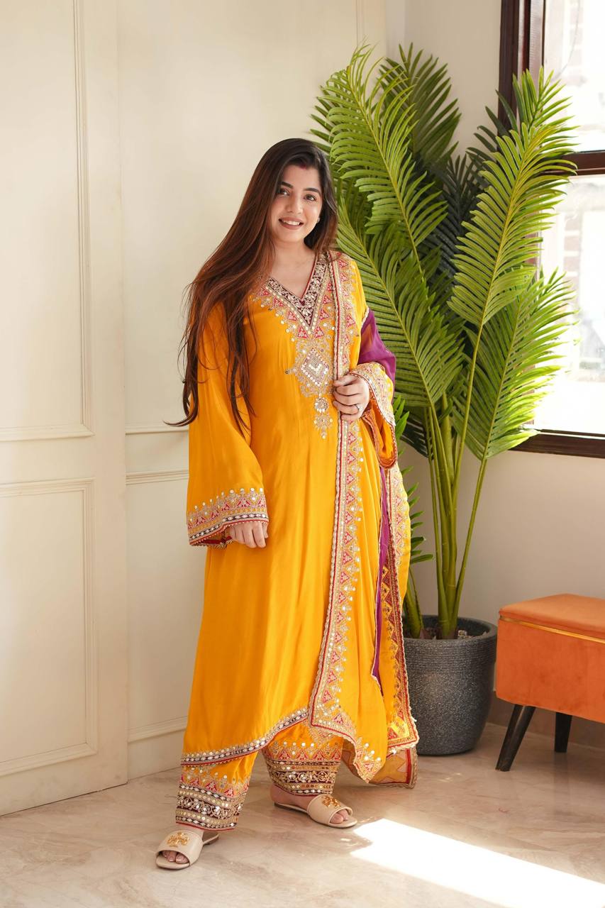 Wedding Wear Mustard Color Ready Made Sequence Work Taffeta Silk Salwar Suit