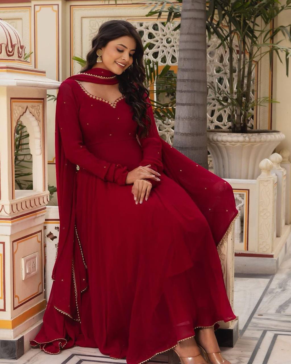 Stupendous Maroon Color Ready Made Georgette Sequence Stone Work Salwar Suit