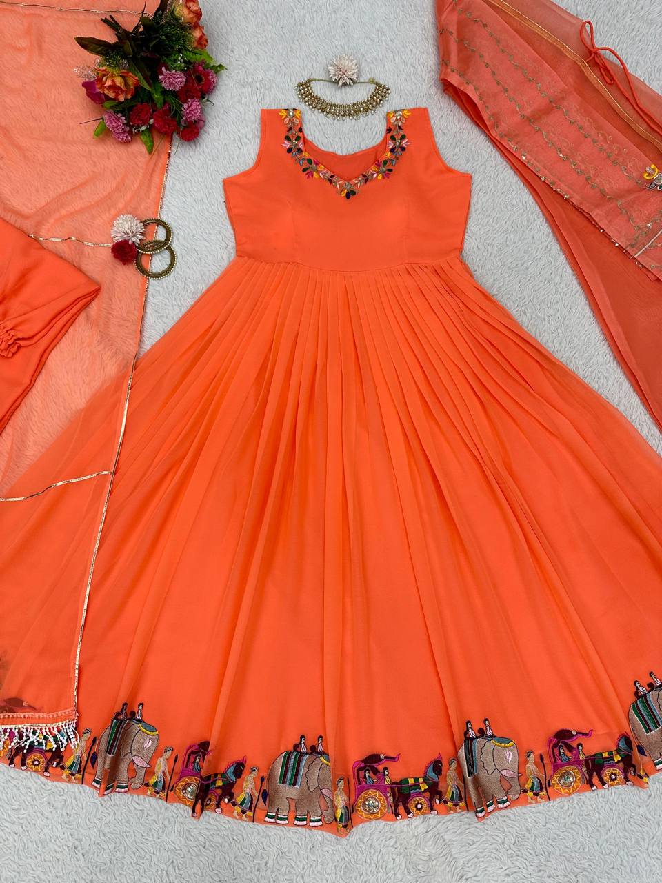 Wonderful Orange Color Ready Made Georgette Sequence Work Salwar Suit