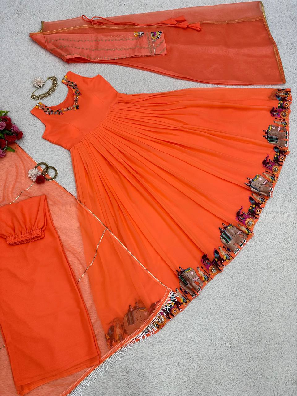 Wonderful Orange Color Ready Made Georgette Sequence Work Salwar Suit