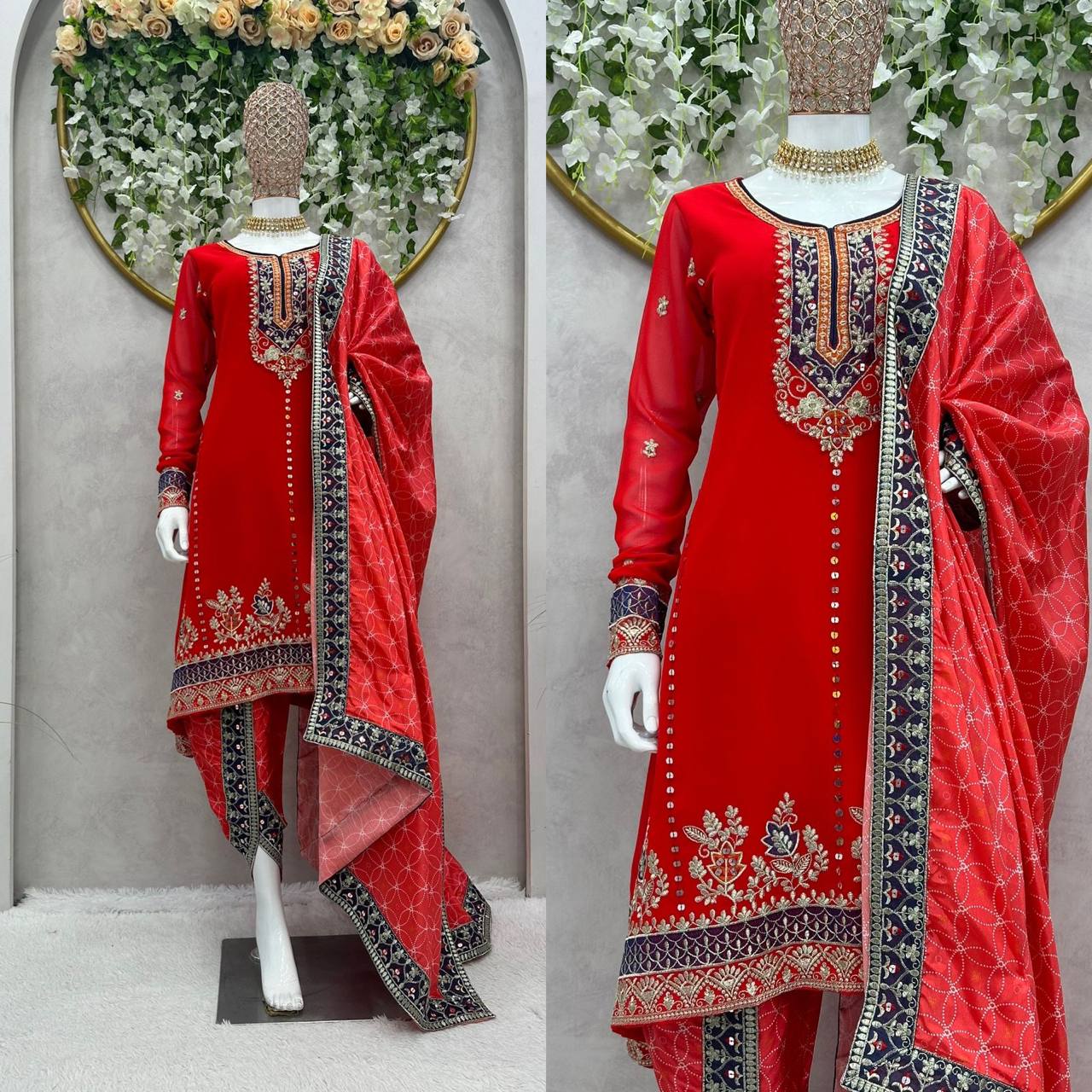 Appealing Red Color Ready Made Georgette Sequence Work Dhoti Suit