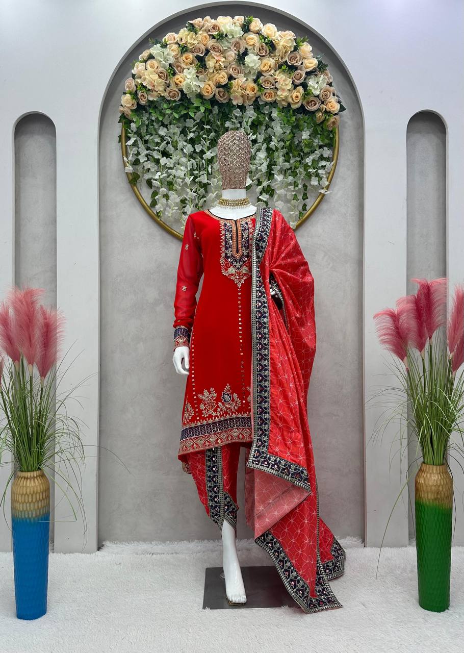 Appealing Red Color Ready Made Georgette Sequence Work Dhoti Suit