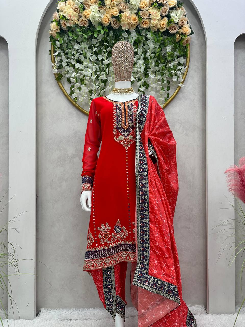 Appealing Red Color Ready Made Georgette Sequence Work Dhoti Suit