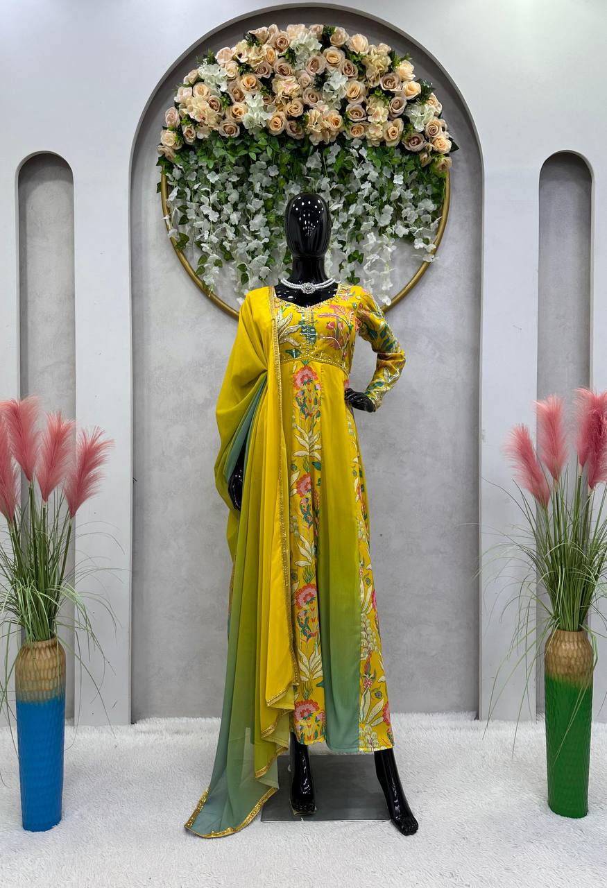 Yellow Color Muslin Hand Work Digital Printed Ready Made Gown Dupatta