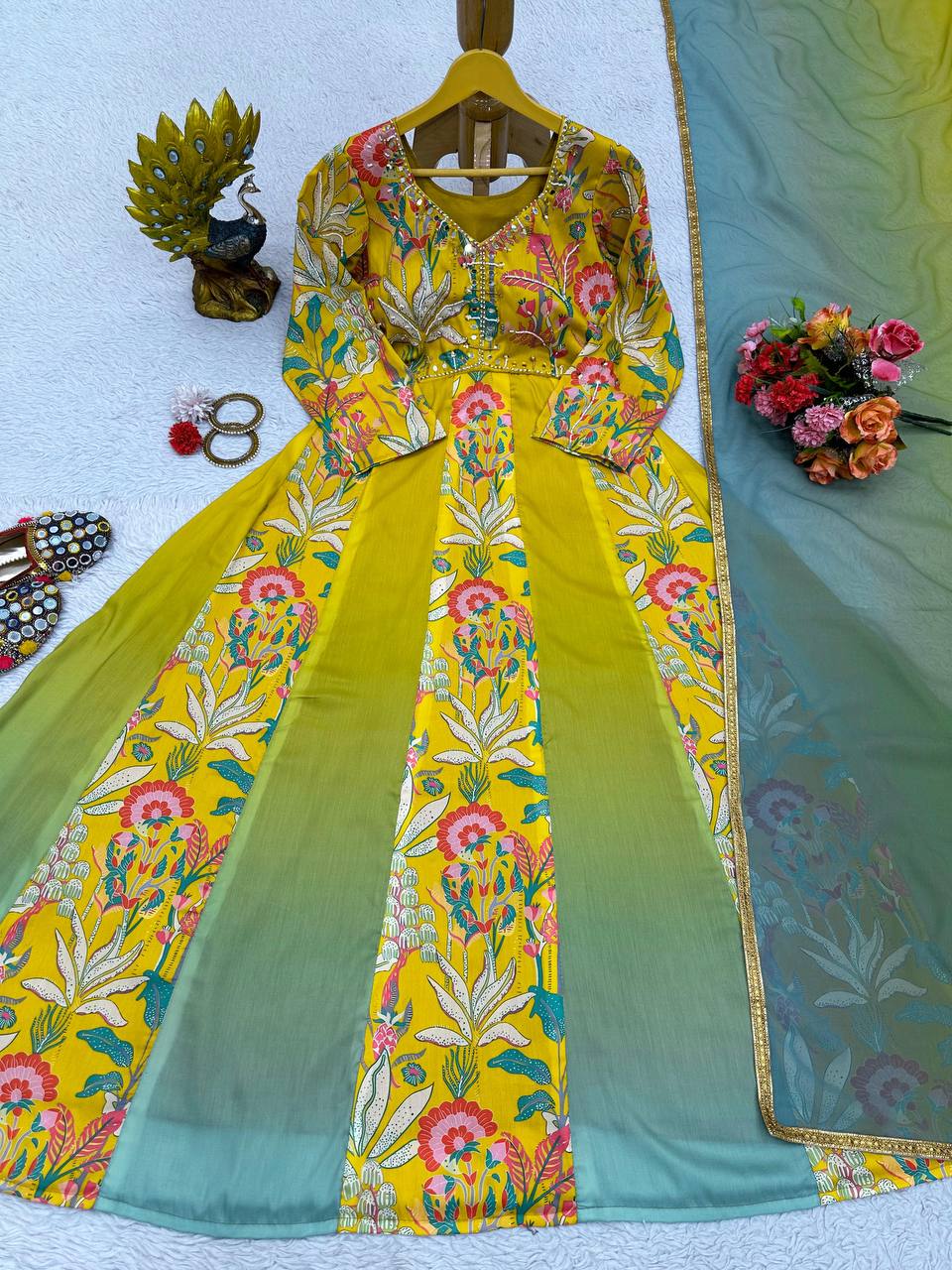 Yellow Color Muslin Hand Work Digital Printed Ready Made Gown Dupatta