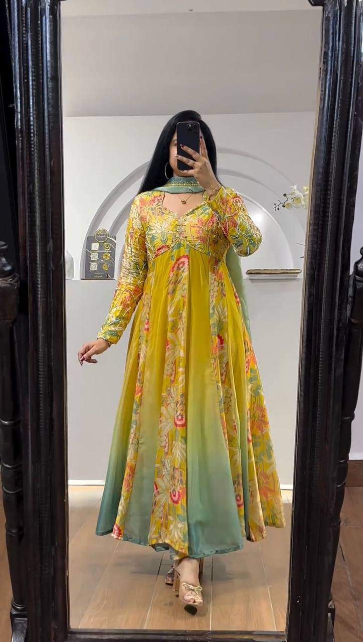 Yellow Color Muslin Hand Work Digital Printed Ready Made Gown Dupatta