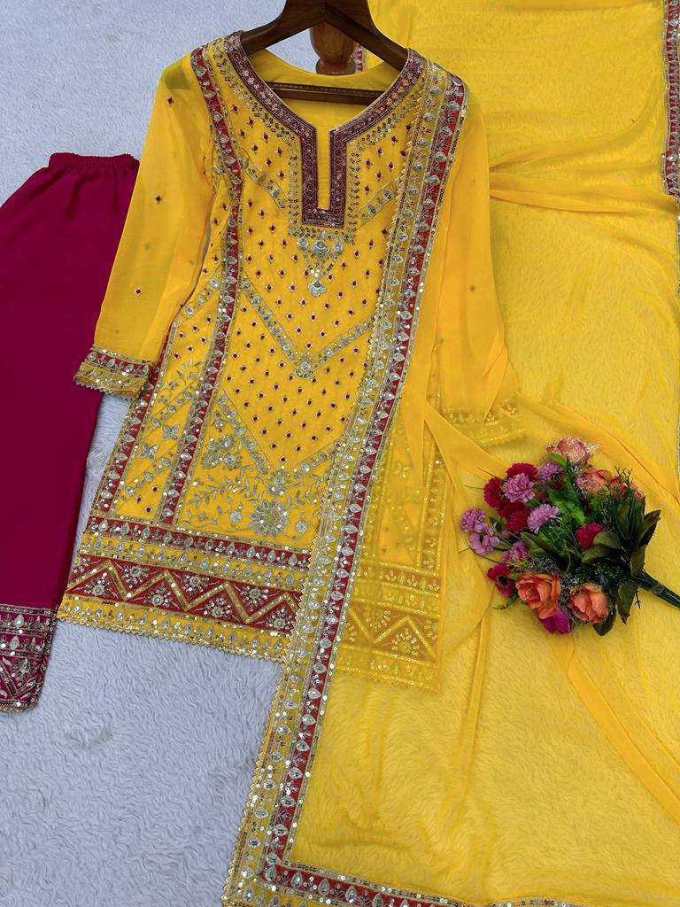 Yellow Color Georgette Sequence Thread Work Ready Made Salwar Suit