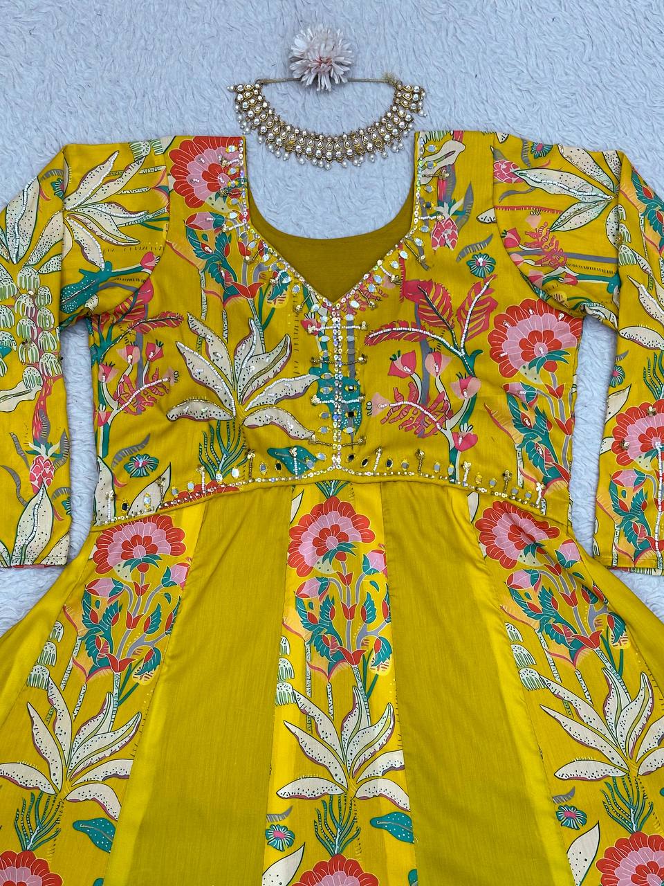 Yellow Color Muslin Hand Work Digital Printed Ready Made Gown Dupatta