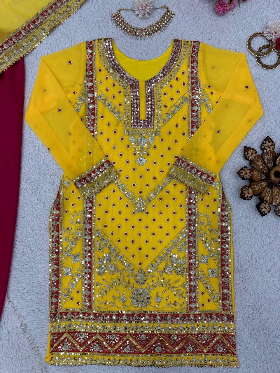 Yellow Color Georgette Sequence Thread Work Ready Made Salwar Suit