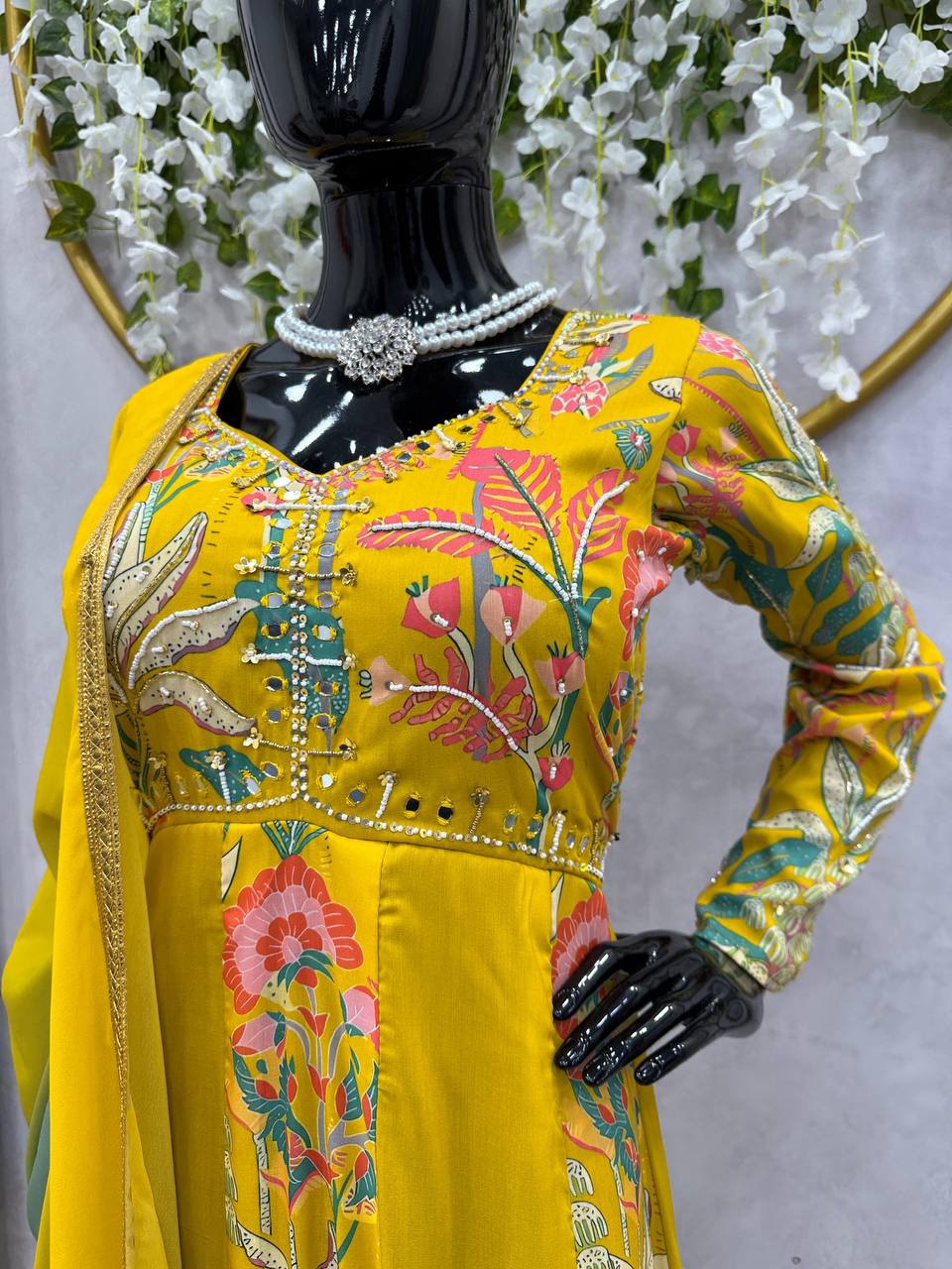 Yellow Color Muslin Hand Work Digital Printed Ready Made Gown Dupatta