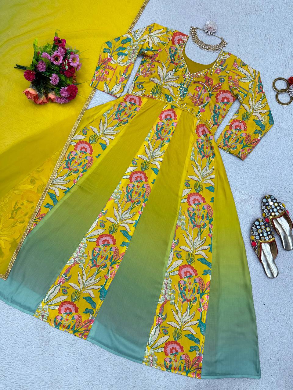 Yellow Color Muslin Hand Work Digital Printed Ready Made Gown Dupatta