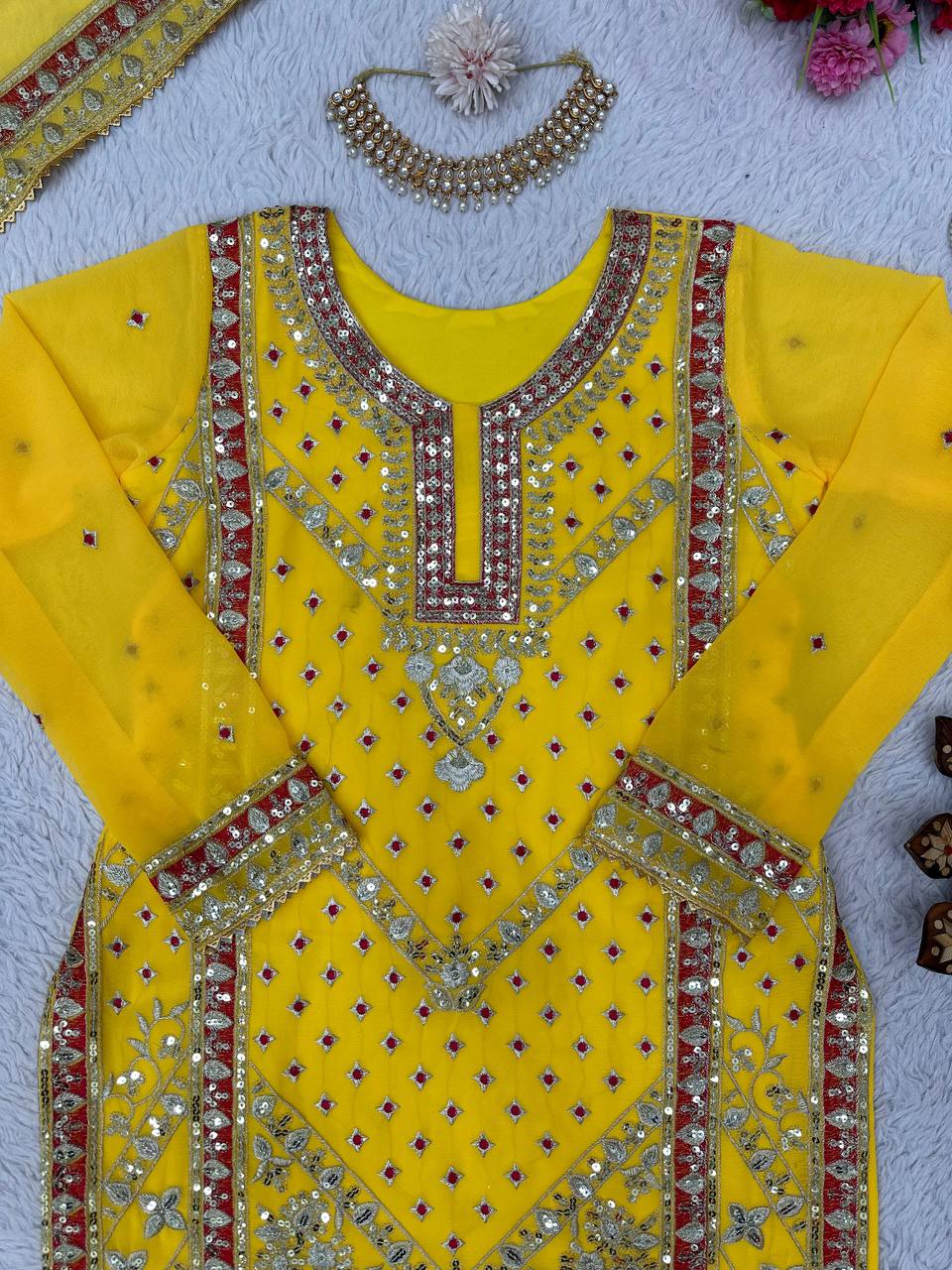 Yellow Color Georgette Sequence Thread Work Ready Made Salwar Suit