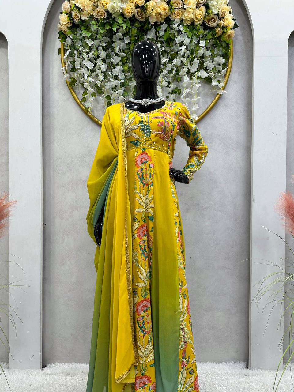 Yellow Color Muslin Hand Work Digital Printed Ready Made Gown Dupatta