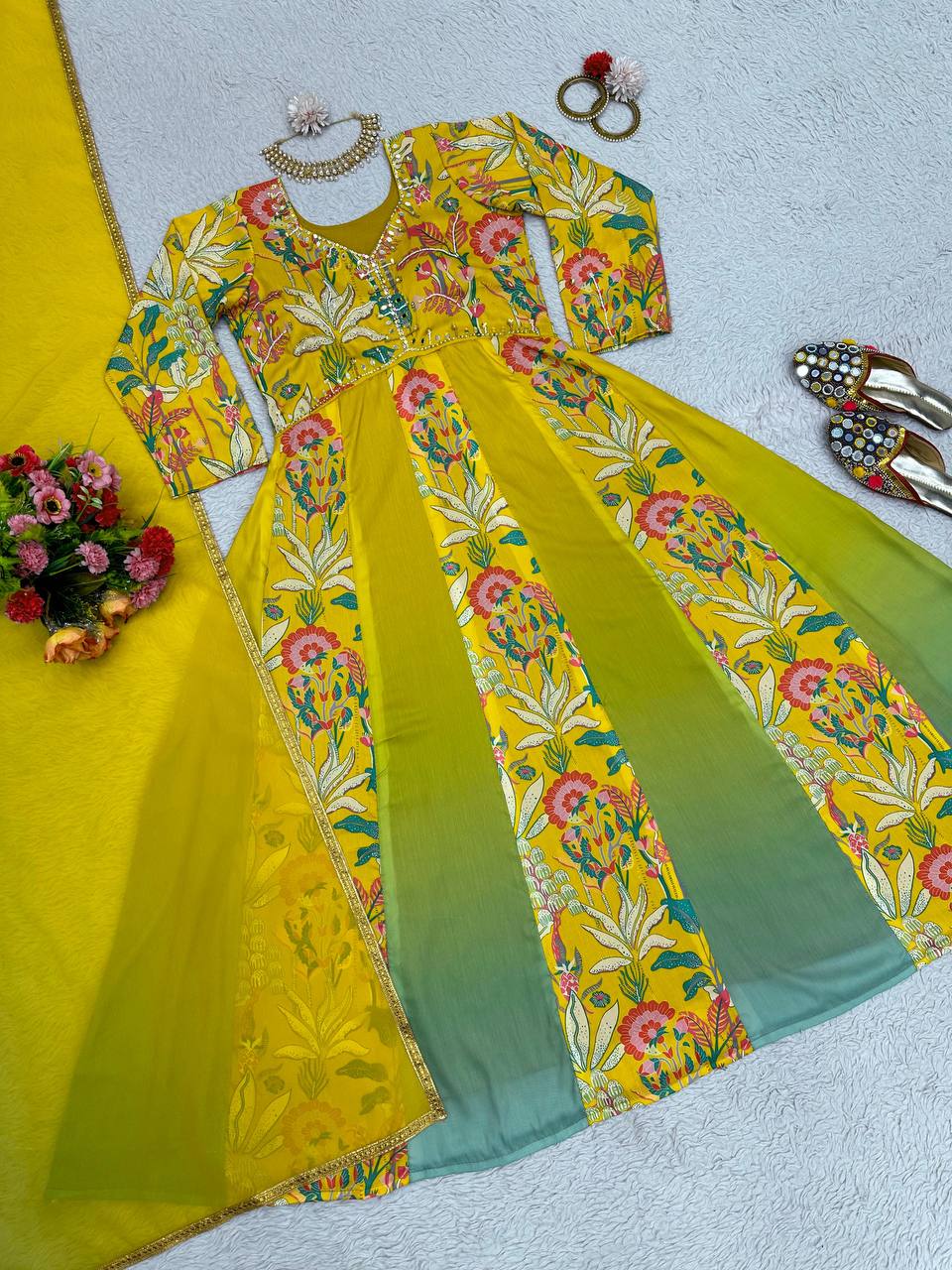 Yellow Color Muslin Hand Work Digital Printed Ready Made Gown Dupatta