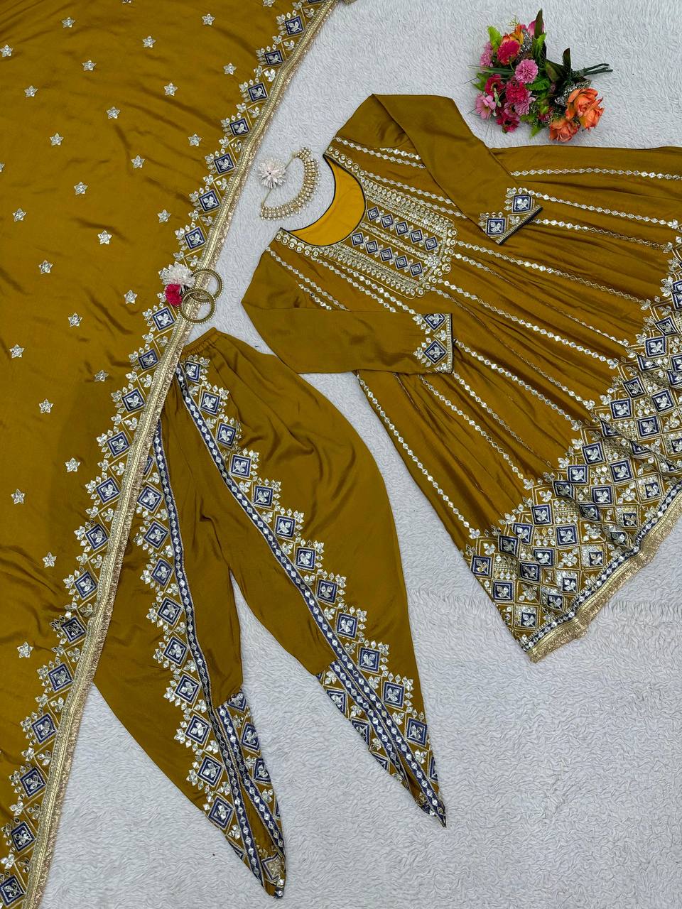 Wedding Wear Mustard Color Chinon Silk Sequence Work Dhoti Salwar Suit