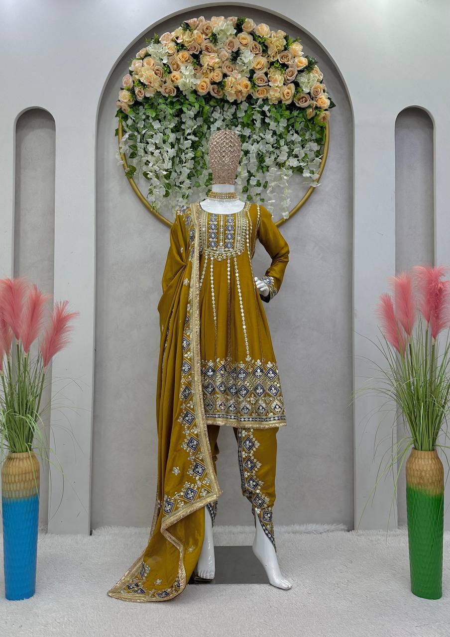 Wedding Wear Mustard Color Chinon Silk Sequence Work Dhoti Salwar Suit