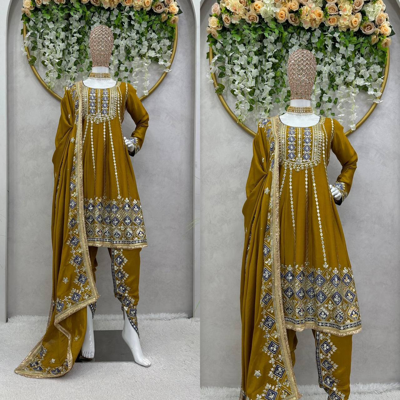 Wedding Wear Mustard Color Chinon Silk Sequence Work Dhoti Salwar Suit