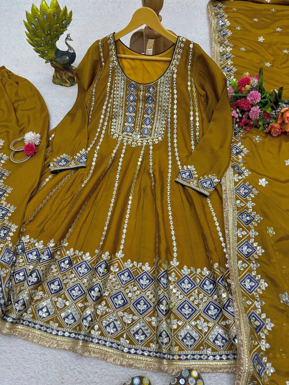 Wedding Wear Mustard Color Chinon Silk Sequence Work Dhoti Salwar Suit