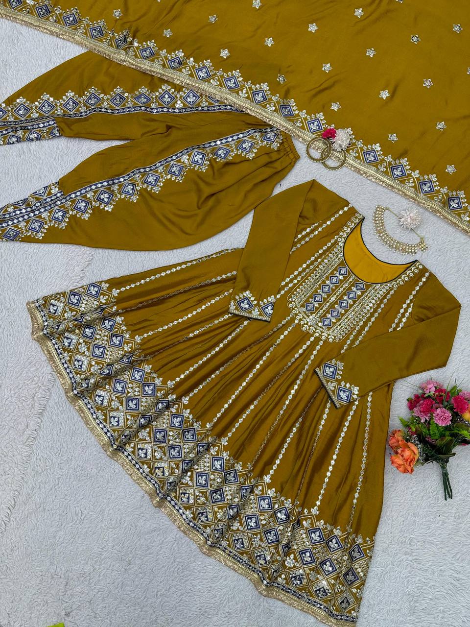 Wedding Wear Mustard Color Chinon Silk Sequence Work Dhoti Salwar Suit