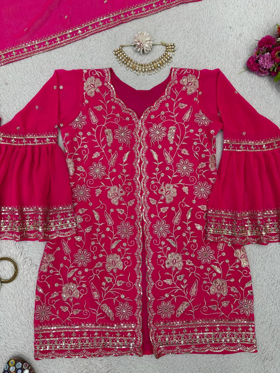 Wonderful Georgette Embroidered Sequence Work Ready Made Salwar Suit