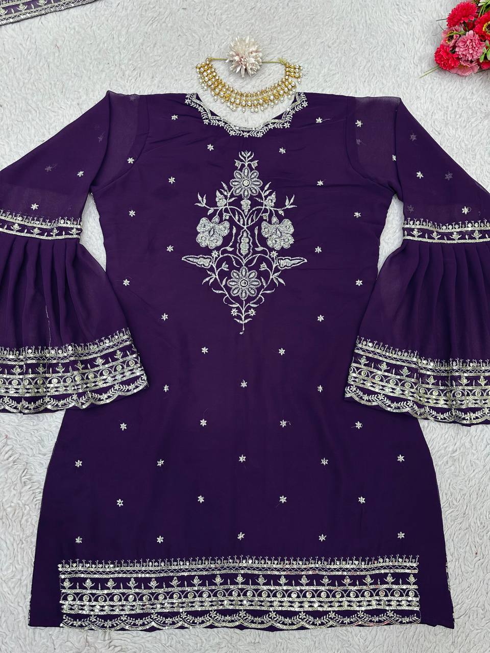 Wonderful Georgette Embroidered Sequence Work Ready Made Salwar Suit