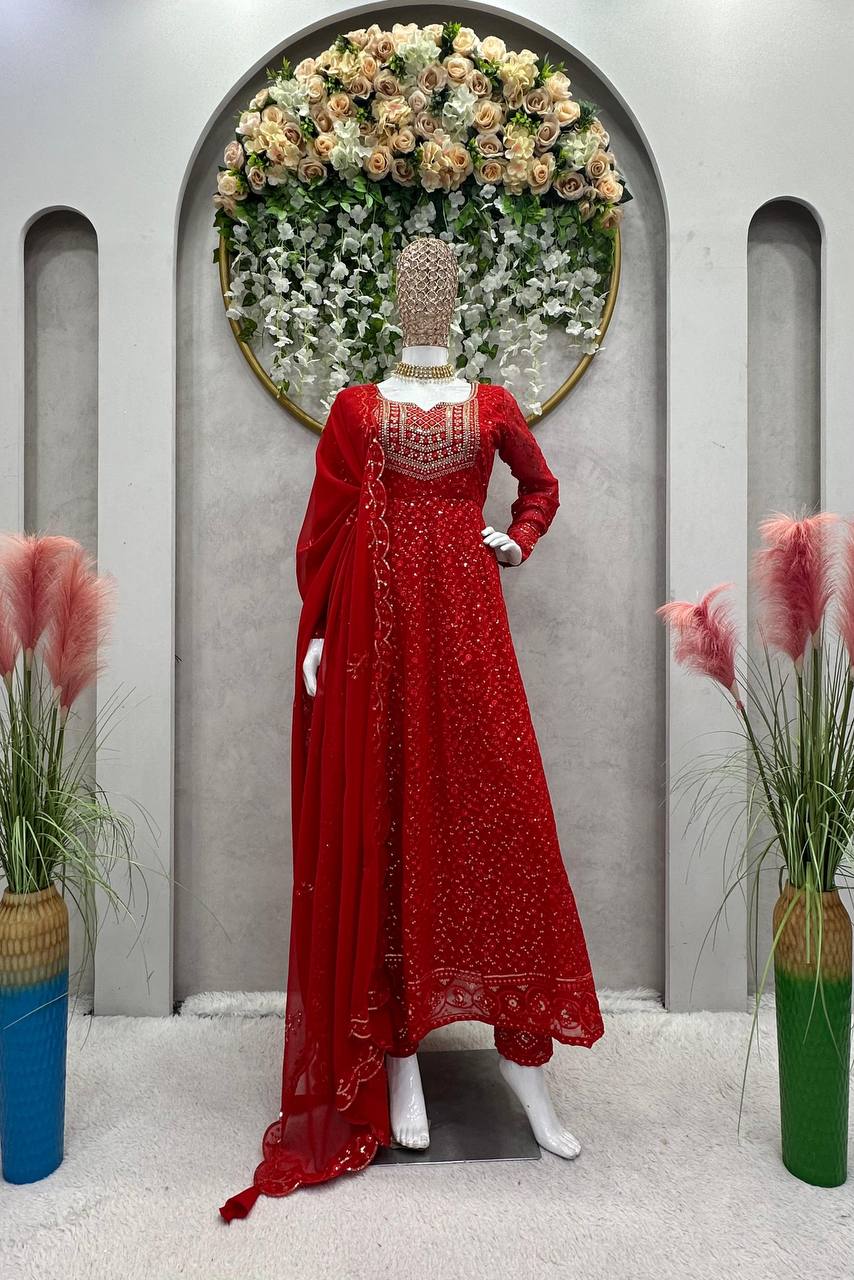 Lovely Georgette Thread Sequence Work Ready Made Salwar Suit For Women