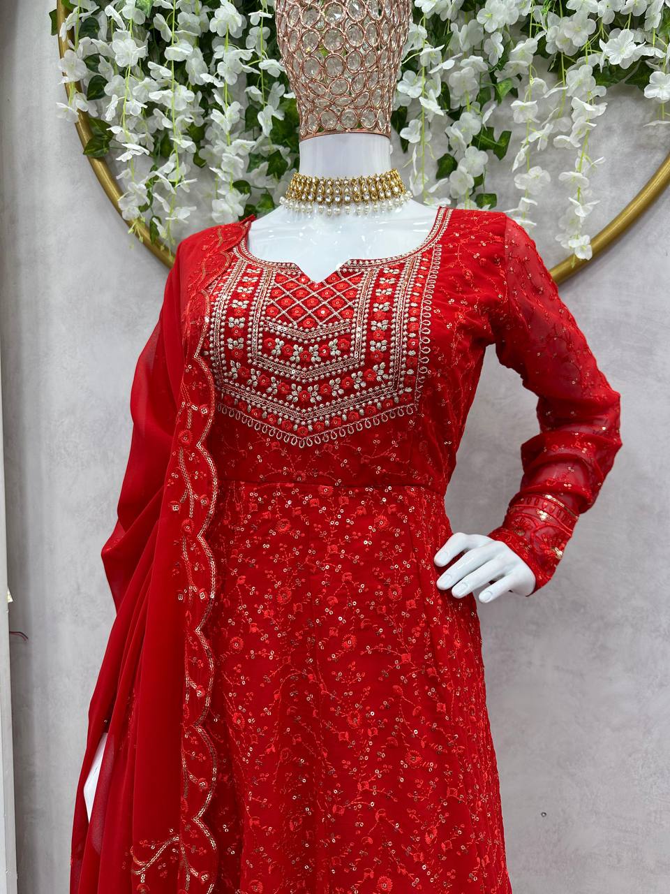 Lovely Georgette Thread Sequence Work Ready Made Salwar Suit For Women