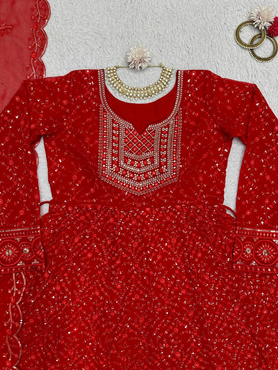 Lovely Georgette Thread Sequence Work Ready Made Salwar Suit For Women