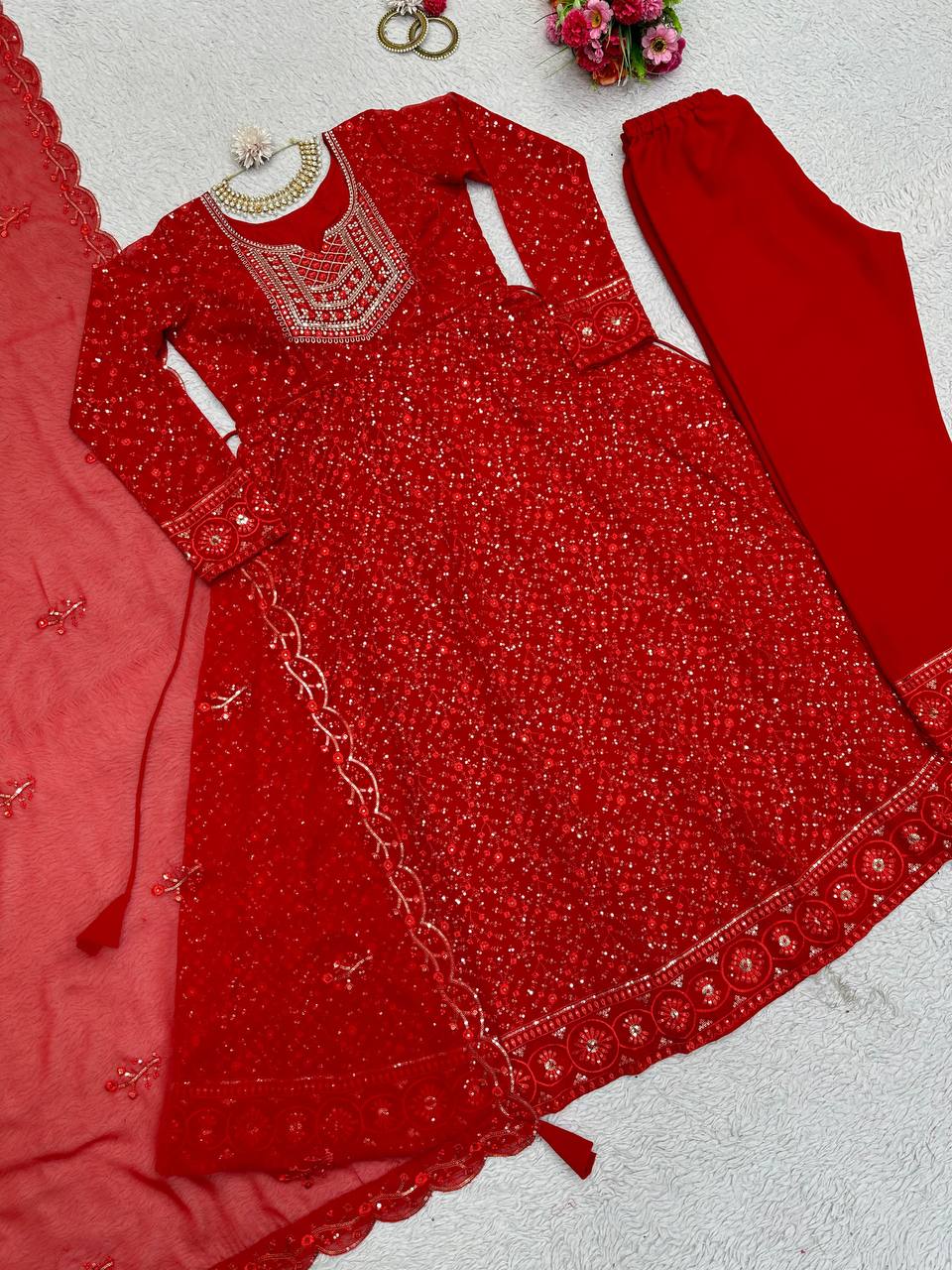 Lovely Georgette Thread Sequence Work Ready Made Salwar Suit For Women