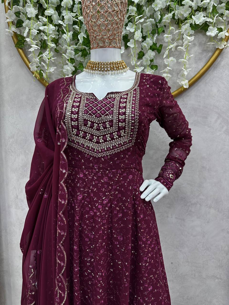 Lovely Georgette Thread Sequence Work Ready Made Salwar Suit For Women