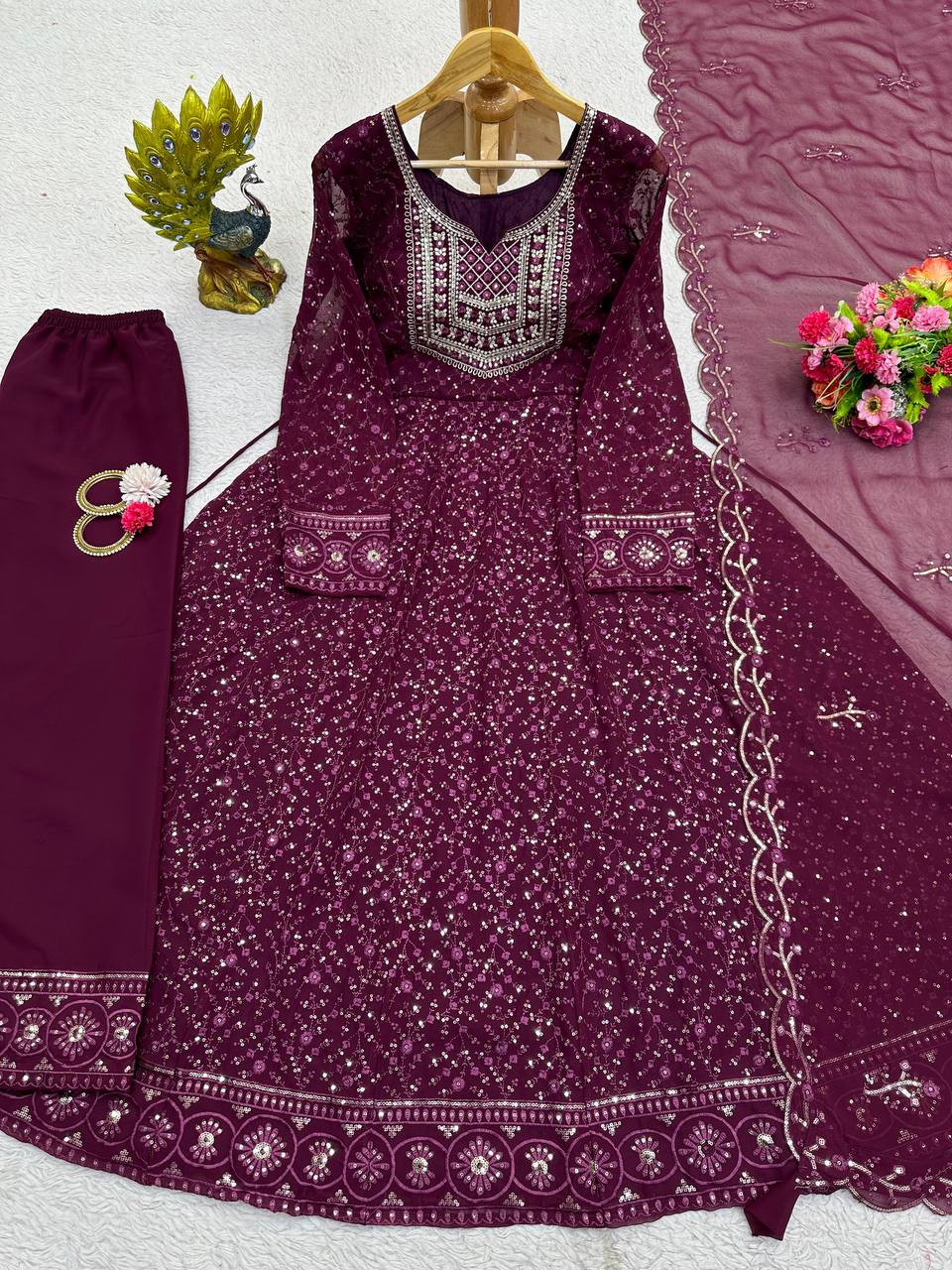 Lovely Georgette Thread Sequence Work Ready Made Salwar Suit For Women