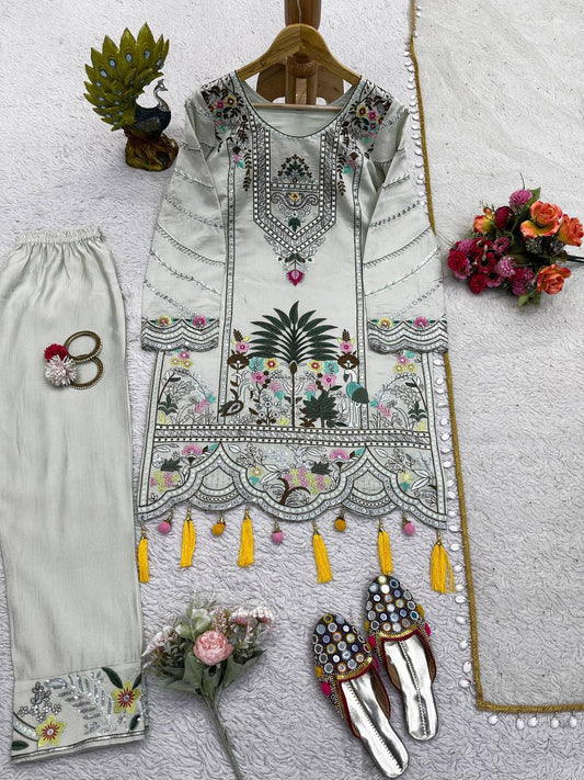 Latest Grey Color Muslin Sequence Work Ready Made Salwar Suit
