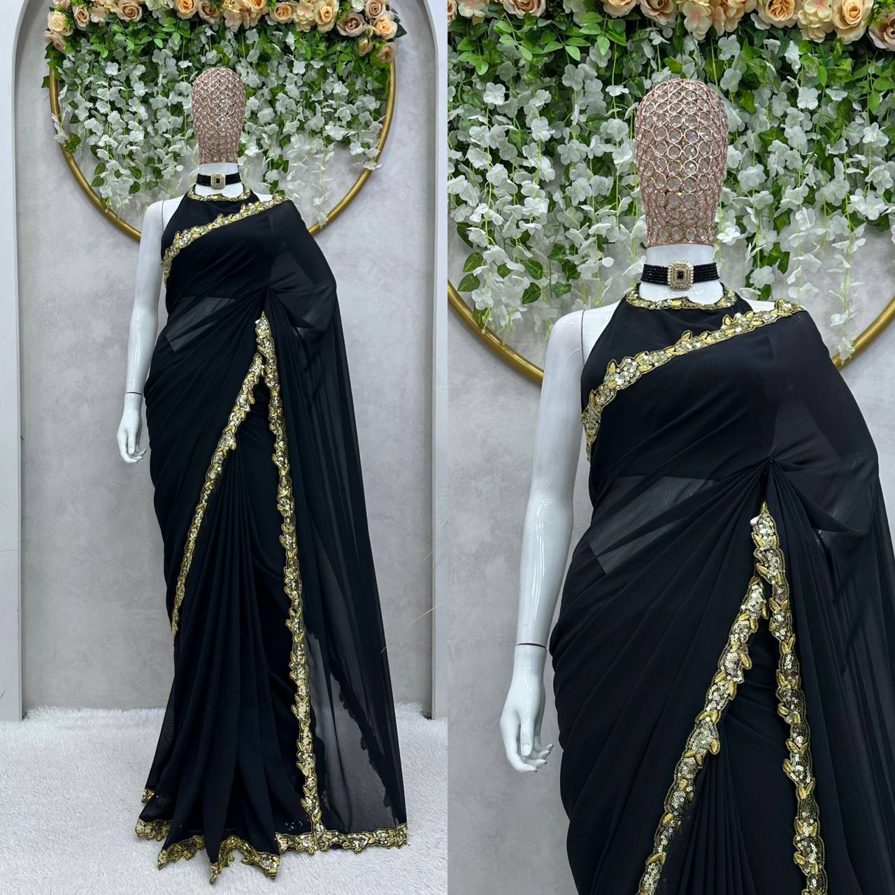 Stylish Black Color Thread Sequence Work Georgette Saree Blouse
