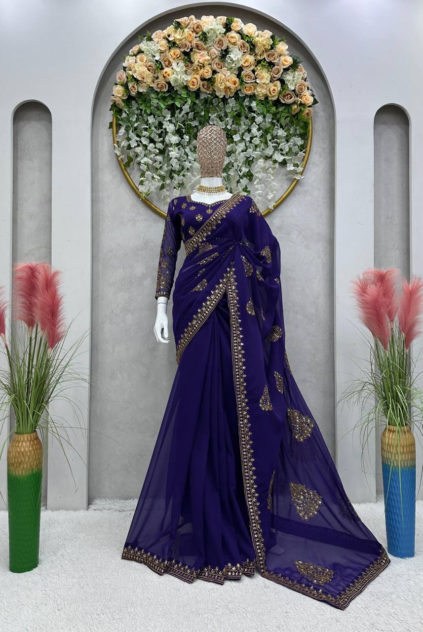 Attractive Violet Color Georgette Sequence Thread Work Saree Blouse