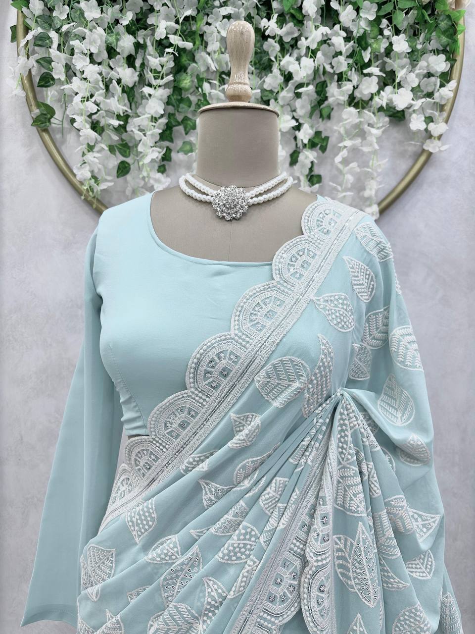 Pretty Sky Blue Color Sequence Thread Work Georgette Saree Blouse