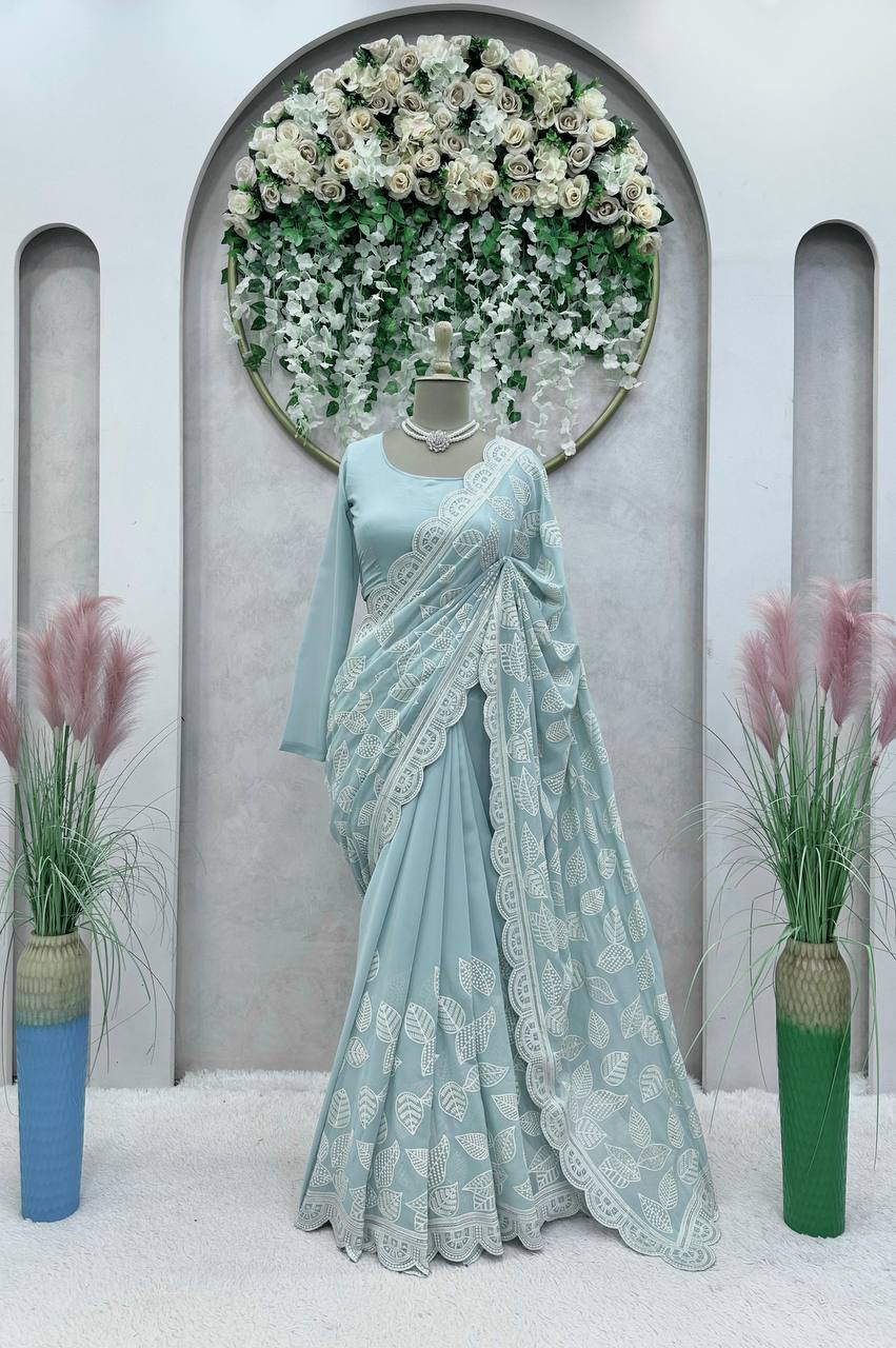 Pretty Sky Blue Color Sequence Thread Work Georgette Saree Blouse