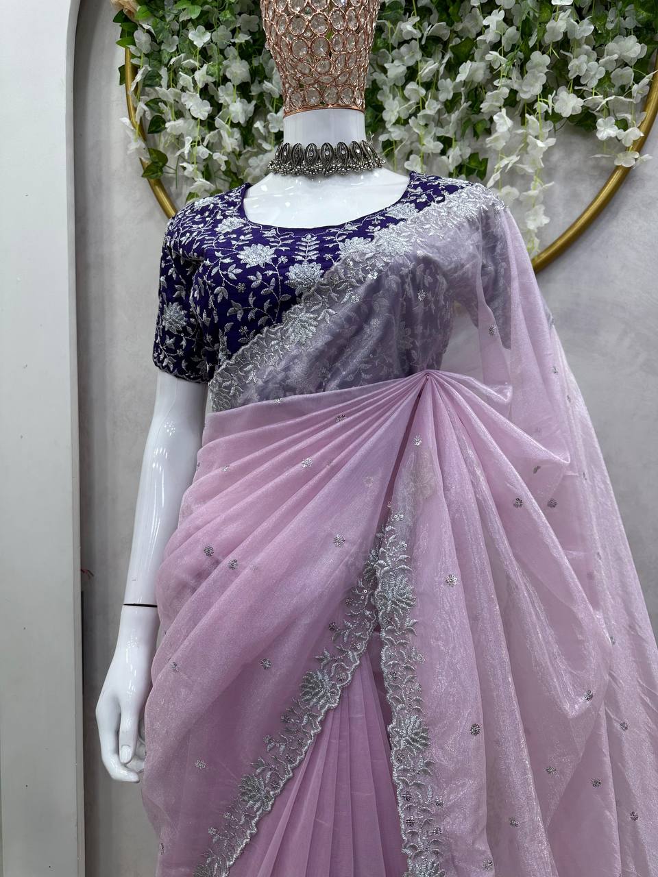 Wonderful Purple Color Party Wear Jimmy Choo Sequence Thread Work Saree Blouse