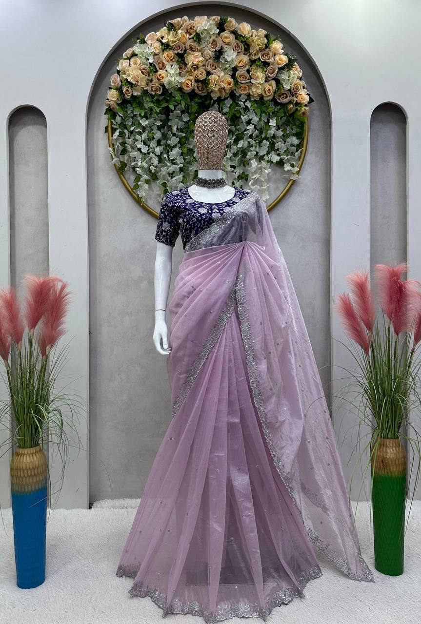 Wonderful Purple Color Party Wear Jimmy Choo Sequence Thread Work Saree Blouse