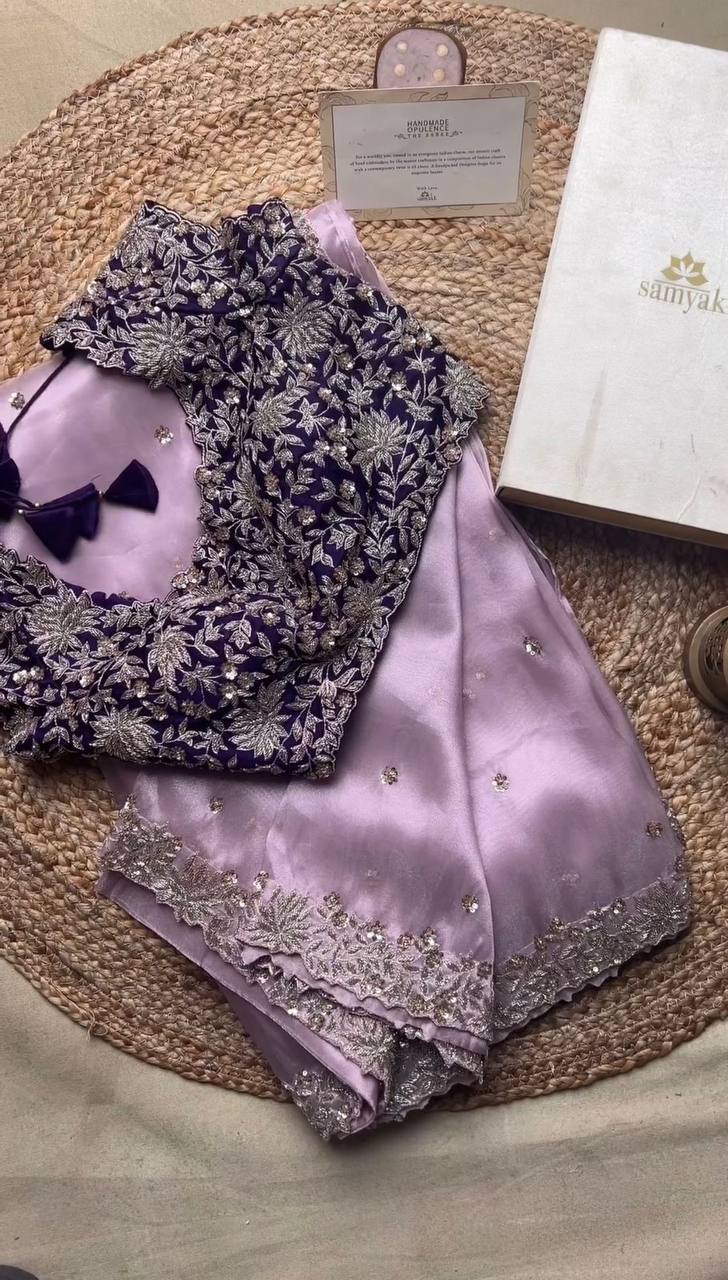 Wonderful Purple Color Party Wear Jimmy Choo Sequence Thread Work Saree Blouse