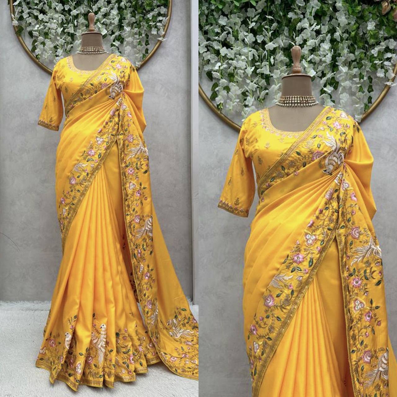 Wedding Wear Yellow Color Sequence Thread Work Dola Silk Saree Blouse