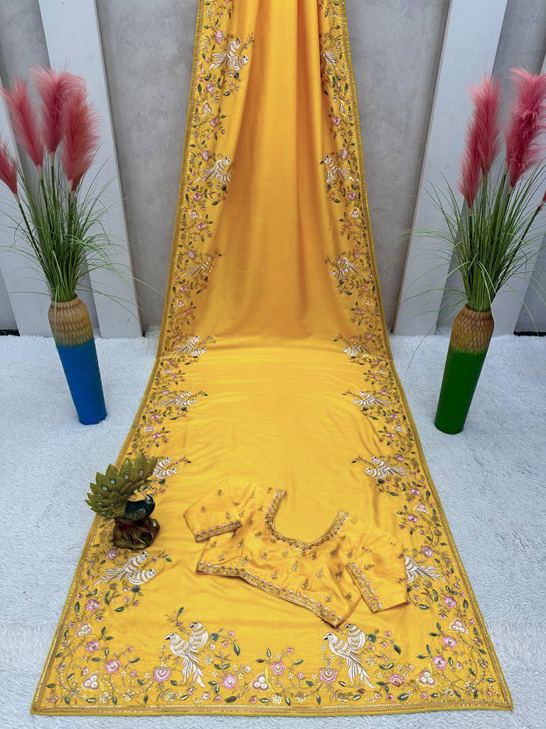 Wedding Wear Yellow Color Sequence Thread Work Dola Silk Saree Blouse