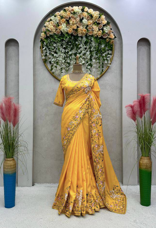 Wedding Wear Yellow Color Sequence Thread Work Dola Silk Saree Blouse