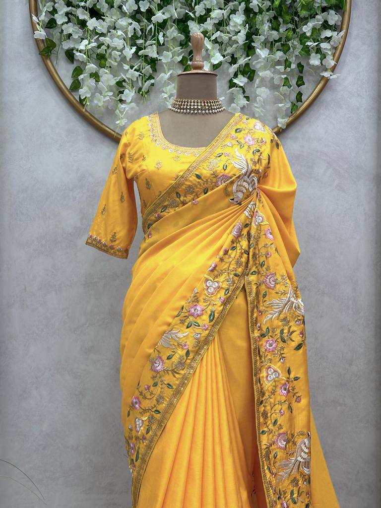 Wedding Wear Yellow Color Sequence Thread Work Dola Silk Saree Blouse