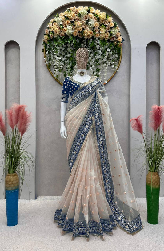 Cream Color Tissue Silk Sequence Work Wedding Wear Saree