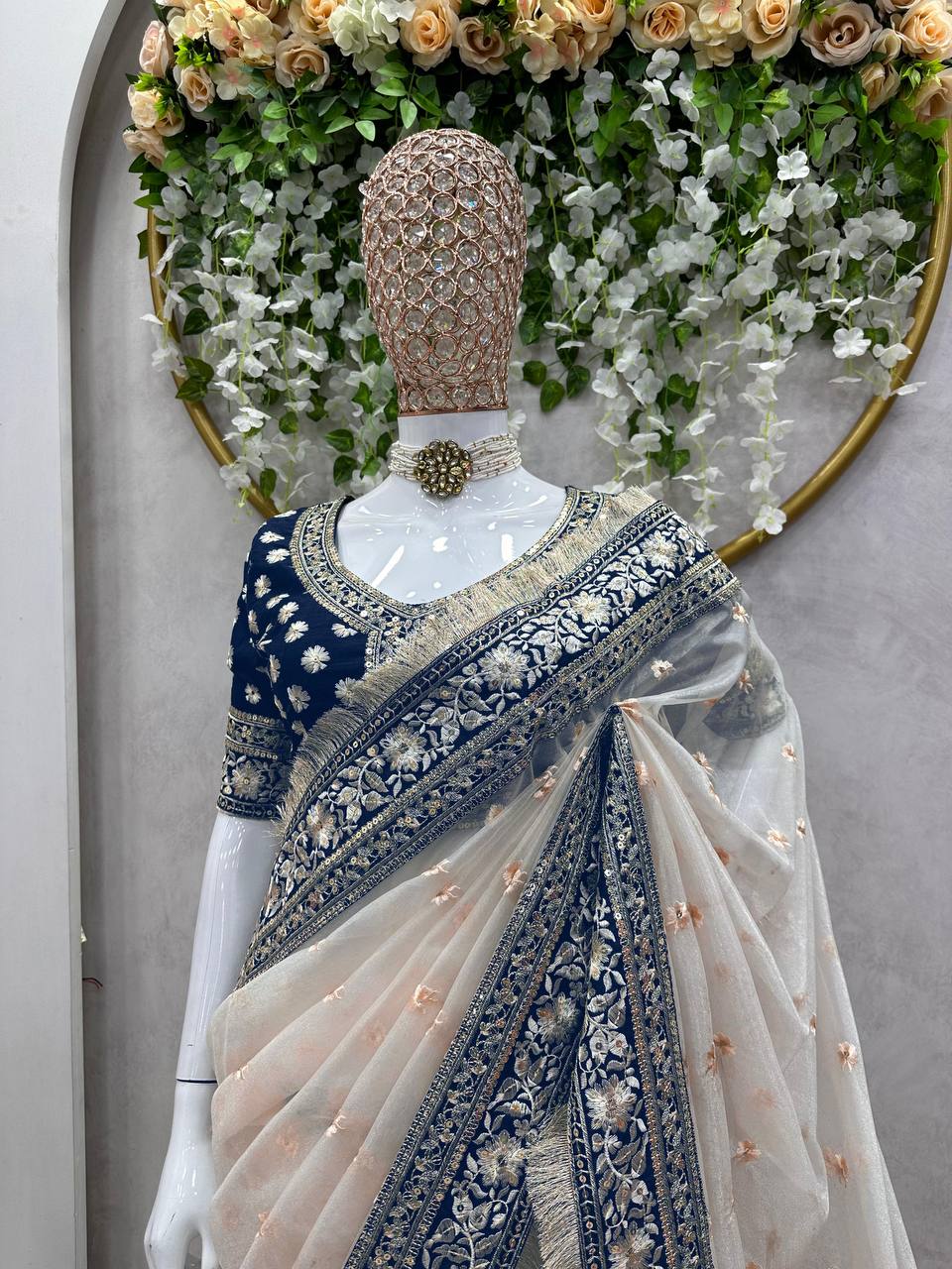 Cream Color Tissue Silk Sequence Work Wedding Wear Saree